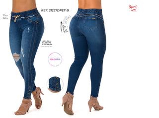 Hermia Jeans Skinny Rasgado y Ajuste En Cordón 21257DPET-B - Azul Medio
