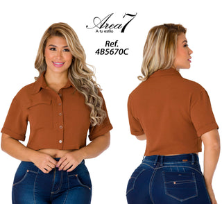 Blusa Crop Cuello Camisero 4B5670C - Cafe