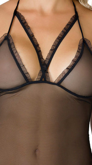 baby doll negro en tul con flecos en parte inferior y guantes 5BD0004 - Negro