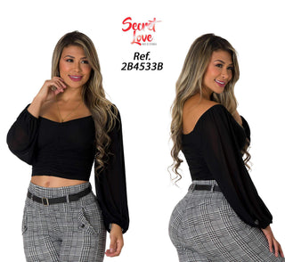 Blusa Fruncida Manga Larga 2B4533B - Negro