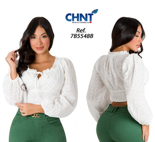 Blusa Con Mangas Englobadas Y Zurcido 7B5548B - Blanco