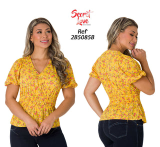 Blusa Floral Con Cintura Fruncida 2B5085B - Amarillo