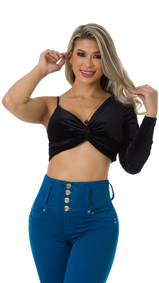 Blusa Corta En Gamuza De Una Manga 5B4096C - Negro