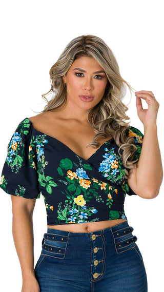  Blusa Corta Con Cuello Pico Profundo 4B5419B - Estampado