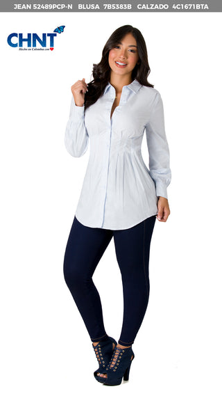 Blusa Con Cuello Camisero Manga Larga 7B5383B - Azul