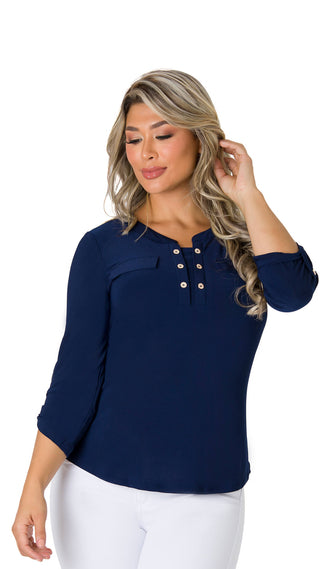  Blusa De Mangas 3/4 Con Botones Ribeteados 4B5371B - Azul