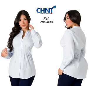Blusa Con Cuello Camisero Manga Larga 7B5383B - Azul