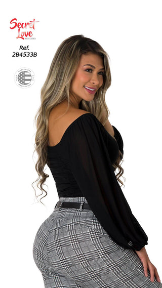 Blusa Fruncida Manga Larga 2B4533B - Negro