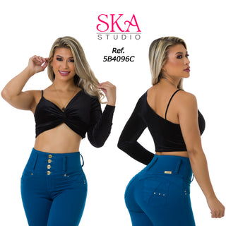 Blusa Corta En Gamuza De Una Manga 5B4096C - Negro