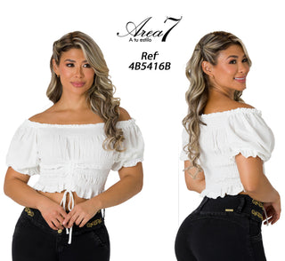  Blusa Fruncida Con Manga Resorte 4B5416B - Blanco
