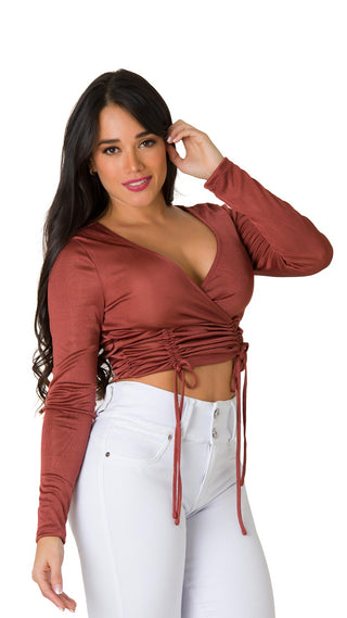 Blusa Escote En V Y Cordones Fruncidos  4B4968B - Bronce