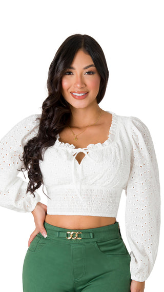 Blusa Con Mangas Englobadas Y Zurcido 7B5548B - Blanco