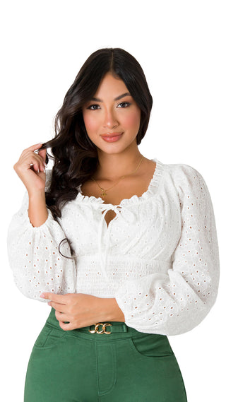 Blusa Con Mangas Englobadas Y Zurcido 7B5548B - Blanco