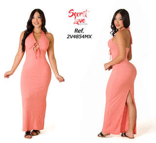 Vestido Largo Unicolor Con Detalle De Amarre 2V4854MX - Salmon