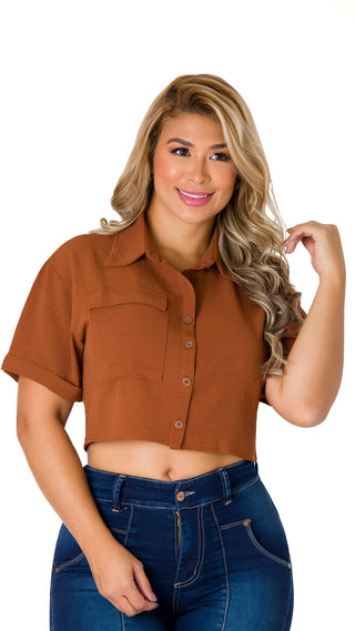 Blusa Crop Cuello Camisero 4B5670C - Cafe