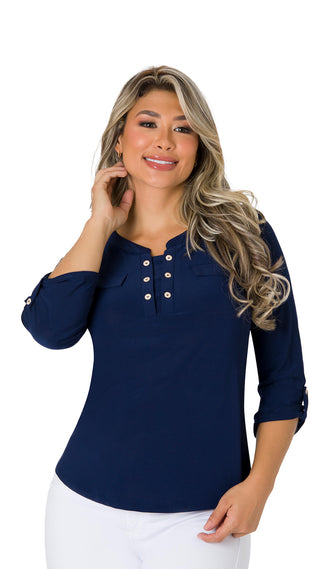  Blusa De Mangas 3/4 Con Botones Ribeteados 4B5371B - Azul