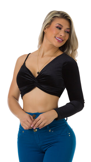 Blusa Corta En Gamuza De Una Manga 5B4096C - Negro