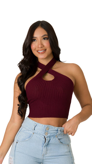 Blusa Corta Con Cuello Cruzado 7B4901C - Vinotinto