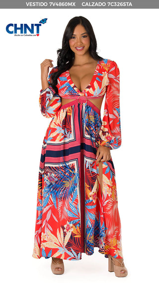 Vestido Largo Con Abertura 7V4860MX - Estampado