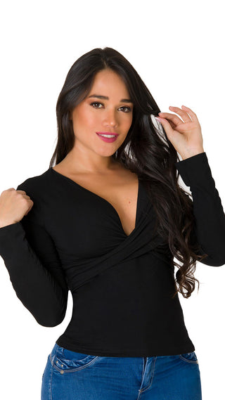 Blusa Cuello En V Manga larga 7B4910B - Negro