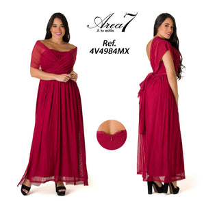 Vestido Largo Con Malla Sobrepuesta  4V4984MX - Vinotinto