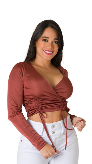 Blusa Escote En V Y Cordones Fruncidos  4B4968B - Bronce