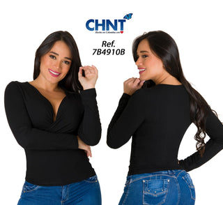 Blusa Cuello En V Manga larga 7B4910B - Negro