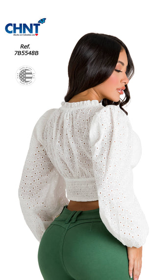 Blusa Con Mangas Englobadas Y Zurcido 7B5548B - Blanco