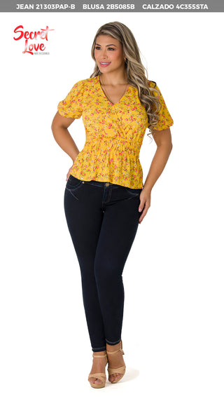 Blusa Floral Con Cintura Fruncida 2B5085B - Amarillo