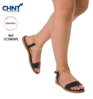 Sandalia Plana  Con Detalled E Cadena 7C286SPL - Negro