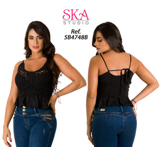  Blusa Sin Mangas Con Tejido De Punto  5B4748B - Negro