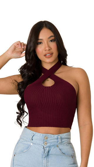 Blusa Corta Con Cuello Cruzado 7B4901C - Vinotinto