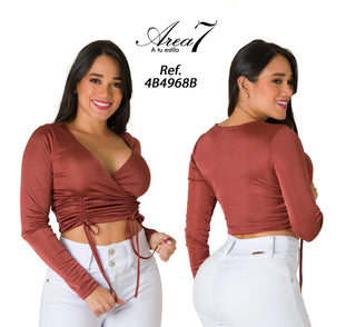 Blusa Escote En V Y Cordones Fruncidos  4B4968B - Bronce