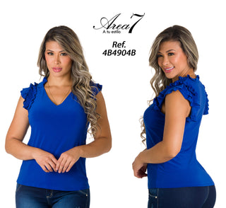 Blusa Cuello En V Con Volantes 4B4904B - Azul Royal
