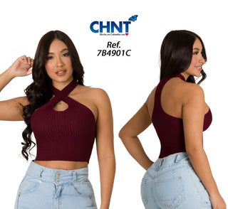 Blusa Corta Con Cuello Cruzado 7B4901C - Vinotinto