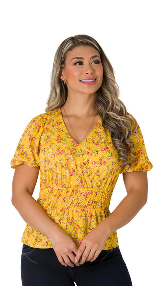Blusa Floral Con Cintura Fruncida 2B5085B - Amarillo