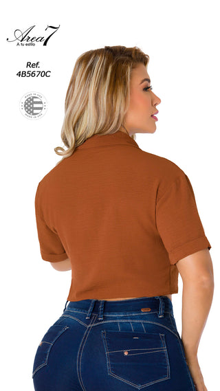 Blusa Crop Cuello Camisero 4B5670C - Cafe
