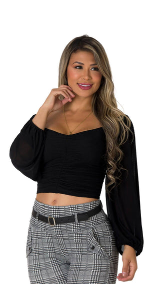 Blusa Fruncida Manga Larga 2B4533B - Negro