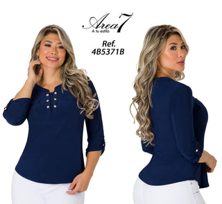  Blusa De Mangas 3/4 Con Botones Ribeteados 4B5371B - Azul