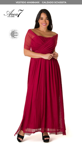 Vestido Largo Con Malla Sobrepuesta  4V4984MX - Vinotinto